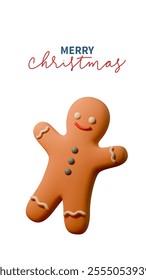 Cheerful 3D gingerbread man illustration with icing details and a festive Merry Christmas message, perfect for evoking holiday warmth and joy in seasonal designs. Vector illustration