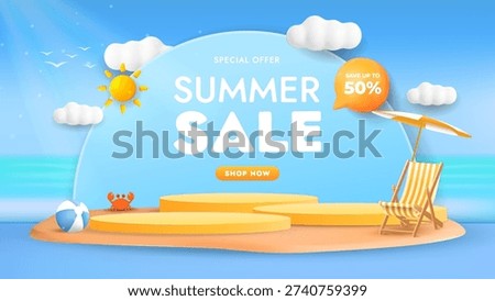 Cheerful 3D rendered illustration features a dynamic summer sale promotion set against a bright beach scene, showcasing multiple product display pedestals. Elements include a beach chair, umbrella, ball, sun, and clouds, creating an inviting seasonal shopping atmosphere.
