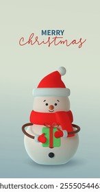 Cheerful 3D snowman in red hat and scarf, holding green gift. 
Set against pastel background Vector illustration. Handwritten Merry Christmas text