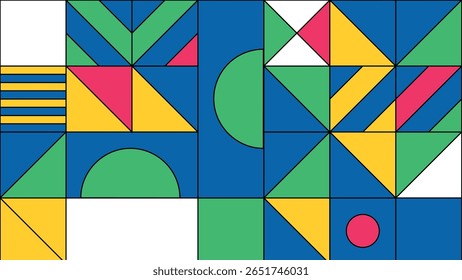 A cheerful abstract background of colorful tiles using circles, squares, stripes, and triangle units in pink, green, and yellow. Perfect for fun and trendy projects.