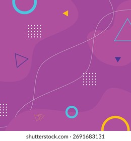 Fundo abstrato alegre com uma base roxa, apresentando elementos geométricos como triângulos, círculos e traços padrões. Ideal para pop art, música ou conteúdo de mídia social enérgico