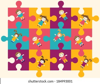 cheerful abstract colorful puzzle pattern background with children.