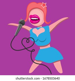 A cheerful abstract woman with a microphone on a pink and purple isolated background. Vector image eps 10