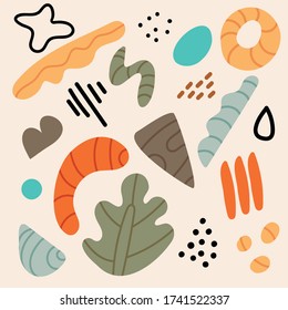 Absorción alegre.Conjunto de formas dibujadas a mano y objetos de doodle.Resumen de la geométrica moderna del vector   ilustración.Diseño de afiches de pintura.Diversas formas.Colores vintage.