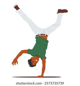 Cheerful active handsome man cartoon character feeling happiness rejoicing making handstand isolated on white background. Young fashionable guy standing upside down on one hand vector illustration