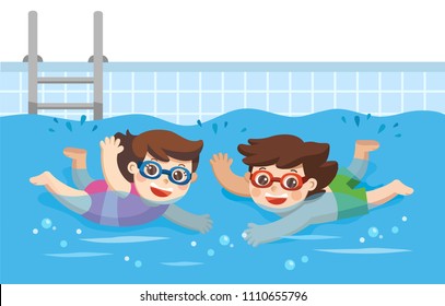Cheerful and active little Boy and Girl swimming in the swimming pool.
