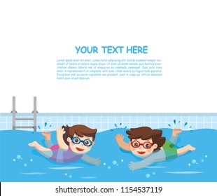 Cheerful and active little Boy and Girl swimming in the swimming pool. Template for advertising brochure.