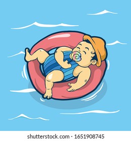 cheerful active little boy swimming in swimming pool illustration hand drawn 
