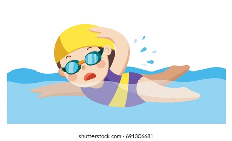 Cheerful and active little girl swimming happy in the swimming pool