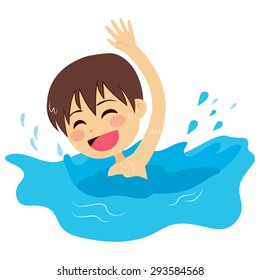 Cheerful and active little kid swimming happy on water