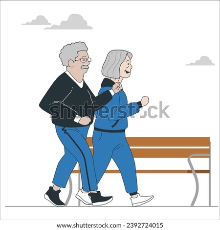 Cheerful active senior couple jogging together outdoors along the river. Healthy activities for elderly people. Be Healthy. Senior couple is doing sport outdoors. Running in park in the morning. 2491