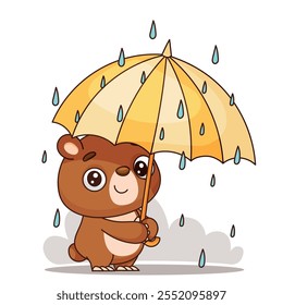 Un oso alegre y adorable sosteniendo un paraguas amarillo brillante, disfrutando felizmente de la suave lluvia que cae