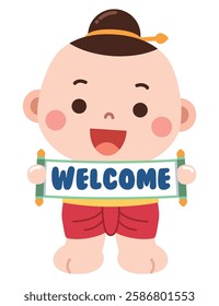 A cheerful and adorable cartoon illustration of a young boy dressed in traditional attire, holding a scroll with the word "WELCOME" written in bold blue letters.