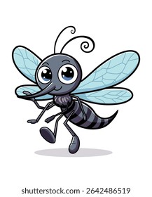 A cheerful and adorable cartoon mosquito with big, friendly eyes and transparent wings, depicted in a playful pose. Very perfect for children's designs, educational materials, and pest control themes.