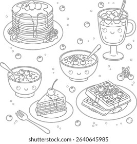 A cheerful and adorable illustration of kawaii-style breakfast foods. This delightful spread includes smiling pancakes, waffles, oatmeal, hot chocolate, and cake, all surrounded by fresh berries.
