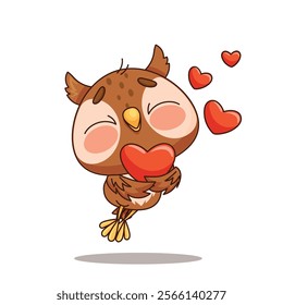 A cheerful and adorable owl is happily holding a red heart, symbolizing love and joy with floating hearts around it