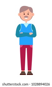 Cheerful adult man with cute mustache color banner vector illustration isolated on white backdrop, blue sweater cherry pants brown shoes, bright smile