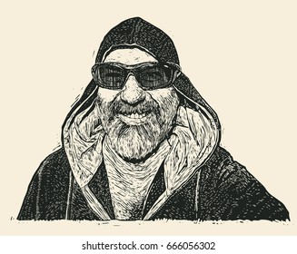 Cheerful  adult man with moustaches, beard and sun glasses in hood. retro engraving style. vector illustration.