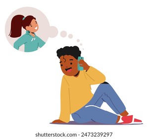 Cheerful African American Boy Is Talking On The Phone, Imagining His Female Friend Character With A Happy Expression. Cartoon Vector Illustration Conveys Friendship, Communication, And Joy.