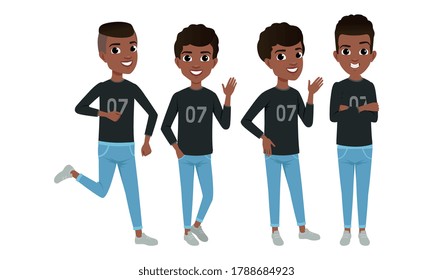 Cheerful African American Boy in Various Poses Set Cartoon Style Vector Illustration