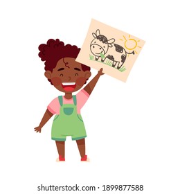 Cheerful African American Girl Artist Showing Paper with Drawing Vector Illustration