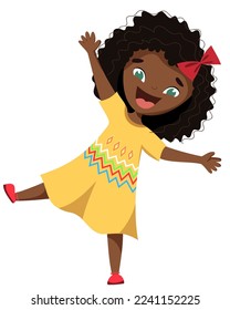 A cheerful African American girl with blue eyes stands on one leg and waves her hand. Good to see you, welcome. Baby in a bright yellow dress.