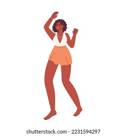Cheerful african american girl on beach holiday party happy dancing and jumping. Carefree woman student enjoy vacation, teen camp or exotic resort at sea. Cartoon flat vector illustration