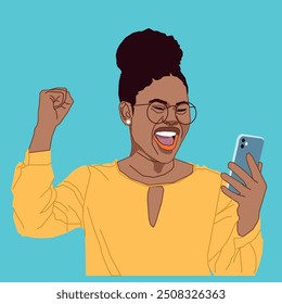 Una alegre dama afroamericana feliz con su conversación de teléfono celular como si ganara un premio mayor con gafas negras