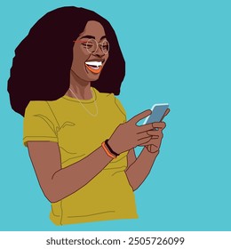 Una alegre dama afroamericana sosteniendo un teléfono celular y usando gafas