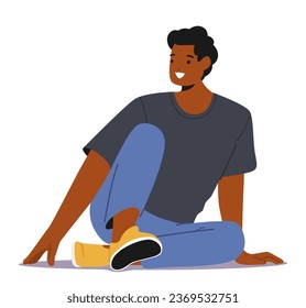 Un Alegre Hombre Africano-Estadounidense Se Sentó Cómodamente En El Suelo, Su Cara Adornada Con Una Sonrisa Cálida Que Genera Contentmiento Y Felicidad. Personaje masculino alegre. Ilustración de vectores de personas de caricatura