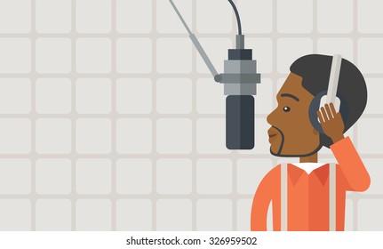 Cheerful African American radio DJ with headphone and microphone vector flat design illustration. Horizontal layout with a text space.