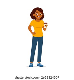 Cheerful African American woman holding coffee cup standing confidently in a bright illustration