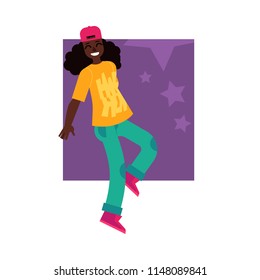 Cheerful African Black Boy Teen Dancing In Cap In Hip Hop Style. Male Cute Character Smiling Having Fun. Young Happy Dancer Teenager. Vector Illustration On Green Stars Background
