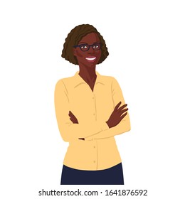 Cheerful african business woman. Realistic portrait of modern and free lady boss. Flat feminist illustration on white background.
