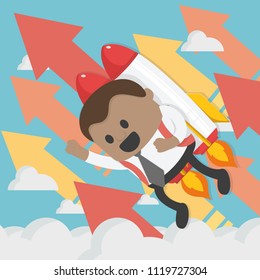 Cheerful african businessman  flying off with jet pack vector flat illustration on blue sky background on grossing arrow