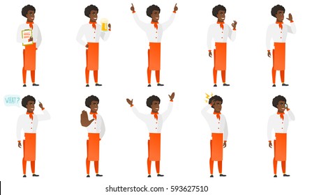 Cheerful african chief-cook drinking beer. Full length of smiling chief-cook with beer. Young happy chief-cook holding mug of beer. Set of vector flat design illustrations isolated on white background