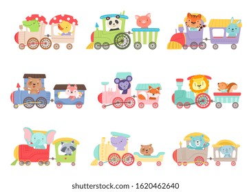 Cheerful African and Forest Animals Riding on Toy Train Vector Illustrations Set