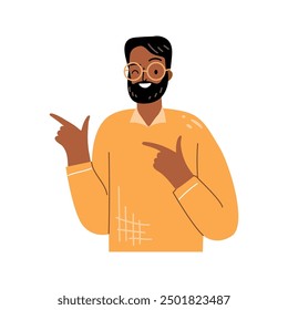 Cheerful african man wearing glasses with white smile pointing fingers aside at copy space for your advertisement, flat cartoon vector illustration. Male advertise shop, store or store good offer