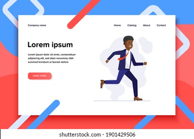 Cheerful African manager running to work. Business man in suit hurrying flat vector illustration. Office staff concept for banner, website design or landing web page