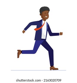 Cheerful African manager running to work. Business man in suit hurrying flat vector illustration. Office staff concept for banner, website