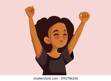 Cheerful African Teenage Girl Feeling Excitement. Exuberant young woman feeling positive and optimistic raising hands expressing joy
