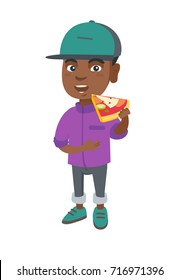 Cheerful african-american boy eating tasty pizza. Full length of little boy holding a piece of pizza in hand and stroking his belly. Vector sketch cartoon illustration isolated on white background