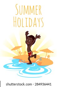 Cheerful African-American boy runs to the water on the beach. Summer Holidays. Vector illustration on a white background. A4 size.