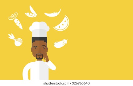 A cheerful african-american chief-cooker in uniform with finger up and vegetables flying in air vector flat design illustration. Horizontal layout with a text space.