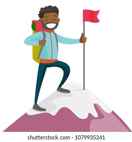 Cheerful African-american Climber Standing On The Top Of Mountain With A Red Flag. Young Smiling Mountaineer Climbing On A Rock. Vector Cartoon Illustration Isolated On White Background. Square Layout