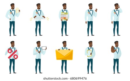 Cheerful african-american groom holding a contract. Full length of smiling groom with a contract. Young groom holding a contract. Set of vector flat design illustrations isolated on white background.