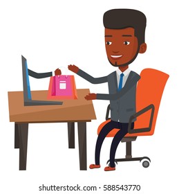 Alegre hombre afroamericano usando laptop para comprar en línea. Hombre joven haciendo compras en línea. Hombre sonriente haciendo pedidos en línea en tienda virtual. Ilustración de diseño plana de vectores aislada en fondo blanco