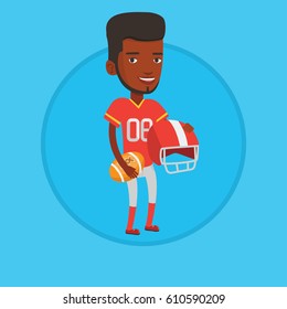 Cheerful african-american rugby player holding ball and helmet in hands. Full length of young smiling rugby player in uniform. Vector flat design illustration in the circle isolated on background.