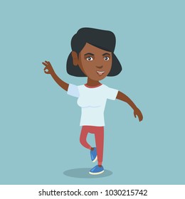 Cheerful african-american woman dancing with passion. Full length of young happy woman dancing. Smiling woman during dance workout. Vector cartoon illustration. Square layout.