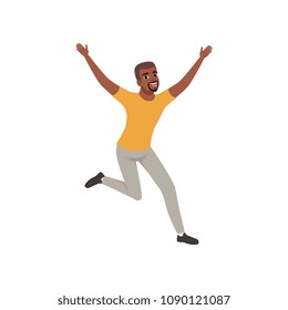 Cheerful Afro-American man in jumping action with wide open arms. Cartoon guy character with happy face expression. Flat vector design